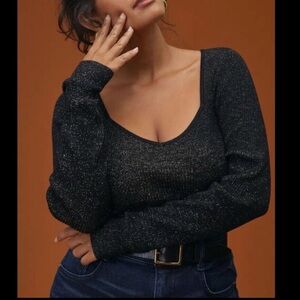 A by Anthropologie Black and Gold Metallic Sweetheart Neck Ribbed Sweater